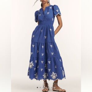 Anthropologie SOMERSET Embroidered Maxi Dress XXS Blue White NEW